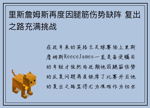 里斯詹姆斯再度因腿筋伤势缺阵 复出之路充满挑战