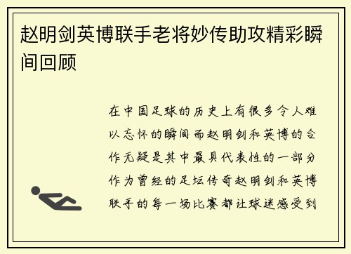赵明剑英博联手老将妙传助攻精彩瞬间回顾